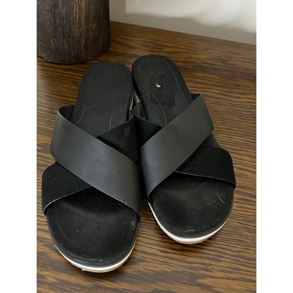 UGG Kari Slide Sandal Black Leather Suede Women 8.5 Treadlite Clean Girl Comfy